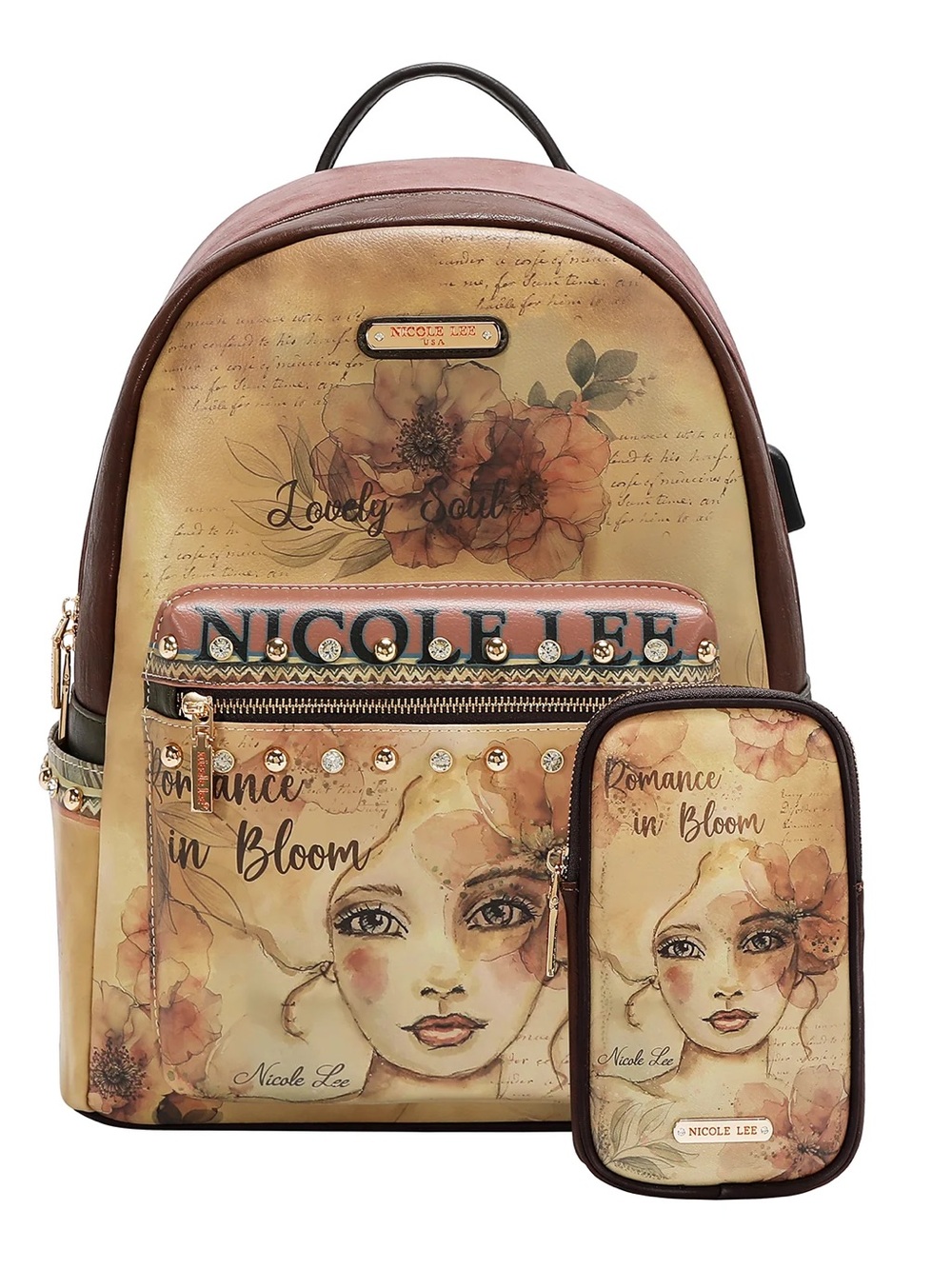 Nicole Lee Beige & Brown Floral Romance Backpack with Pouch